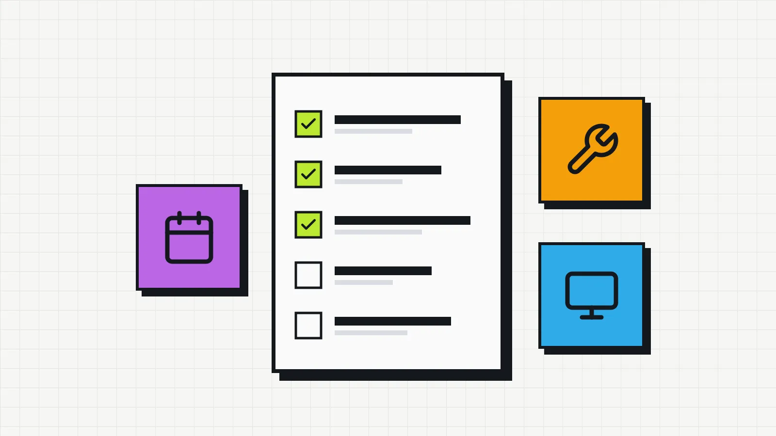 Illustration of a checklist next to a monitor, a wrench and a calendar.