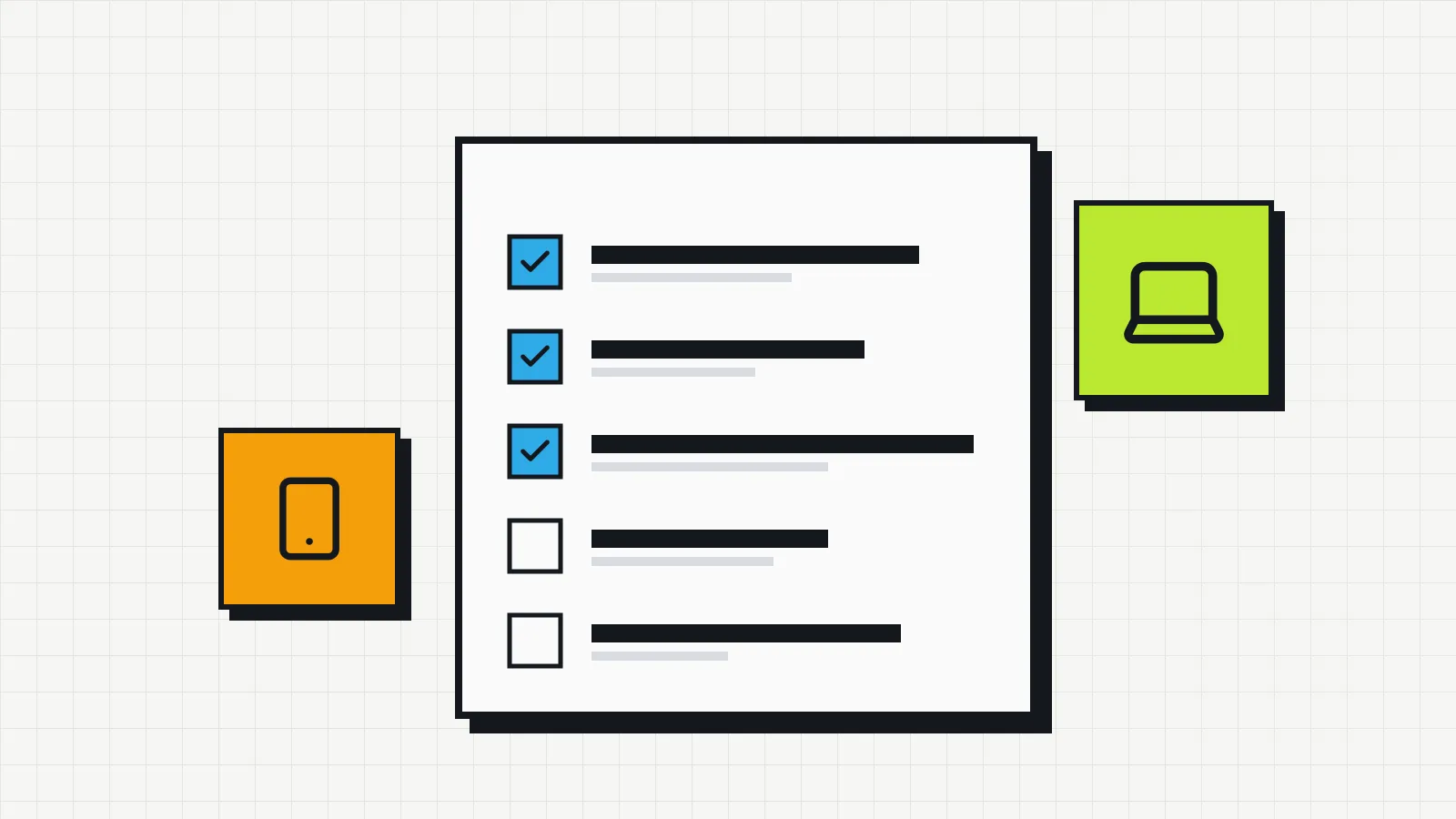 Illustration of a five-item checklist with three items checked, next to a laptop and a phone.