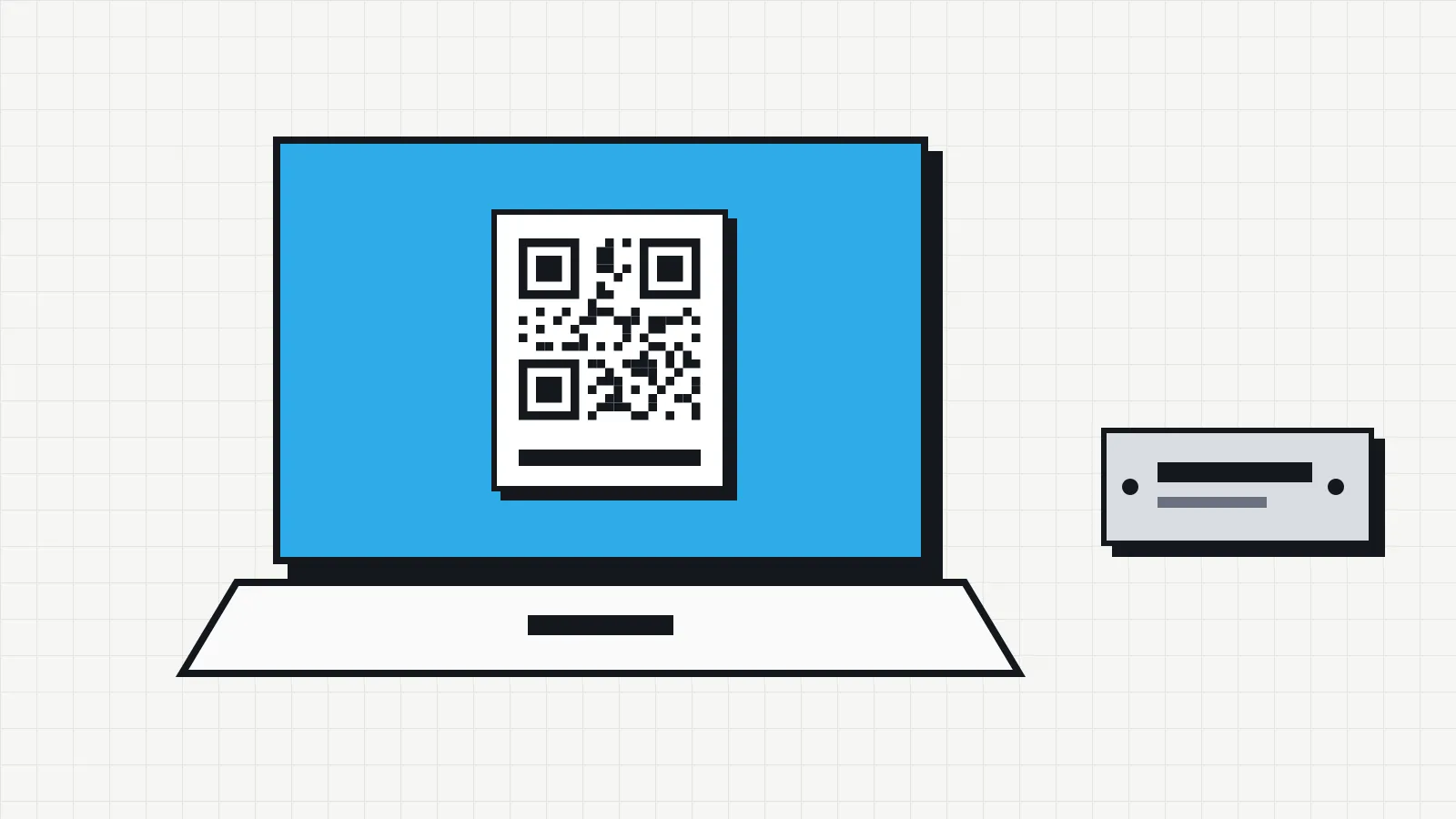 Illustration of a laptop with a QR code label on the lid, next to a numbered metal asset tag.
