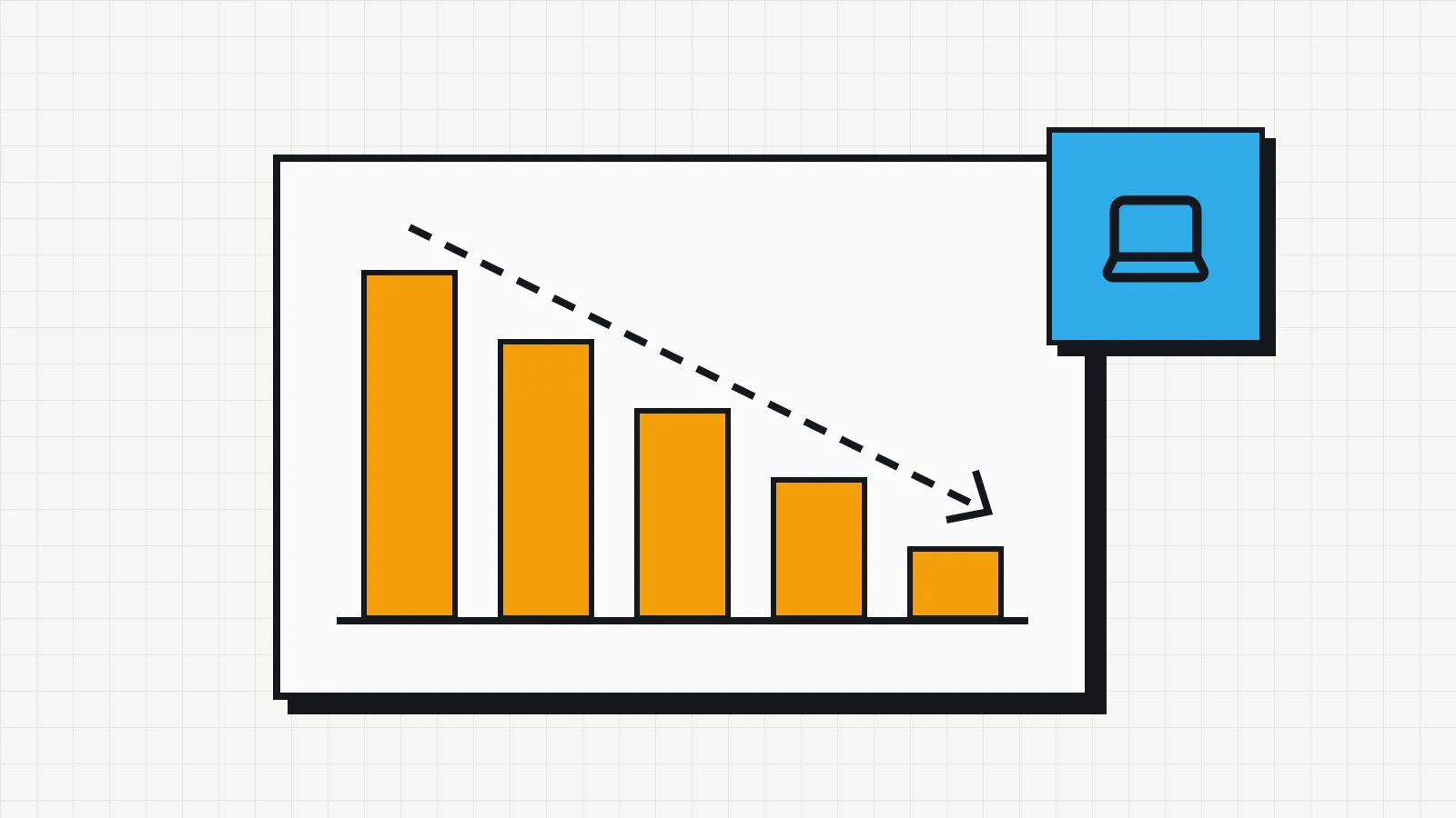 Illustration of a bar chart with bars getting shorter from left to right, next to a laptop.