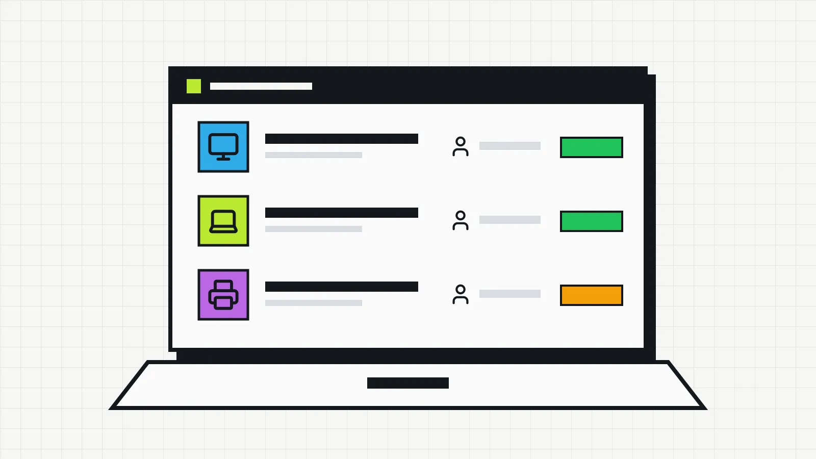 Illustration of an open laptop showing the office's list of devices, with computer, monitor and printer icons, each with a status label.