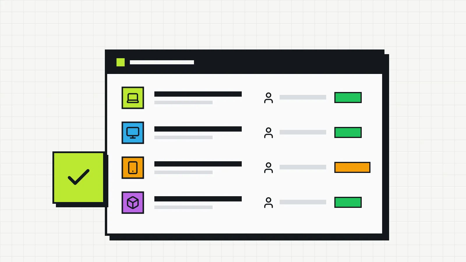 Illustration of a dashboard listing four devices (laptop, monitor, phone and box), each with an owner and a status label.
