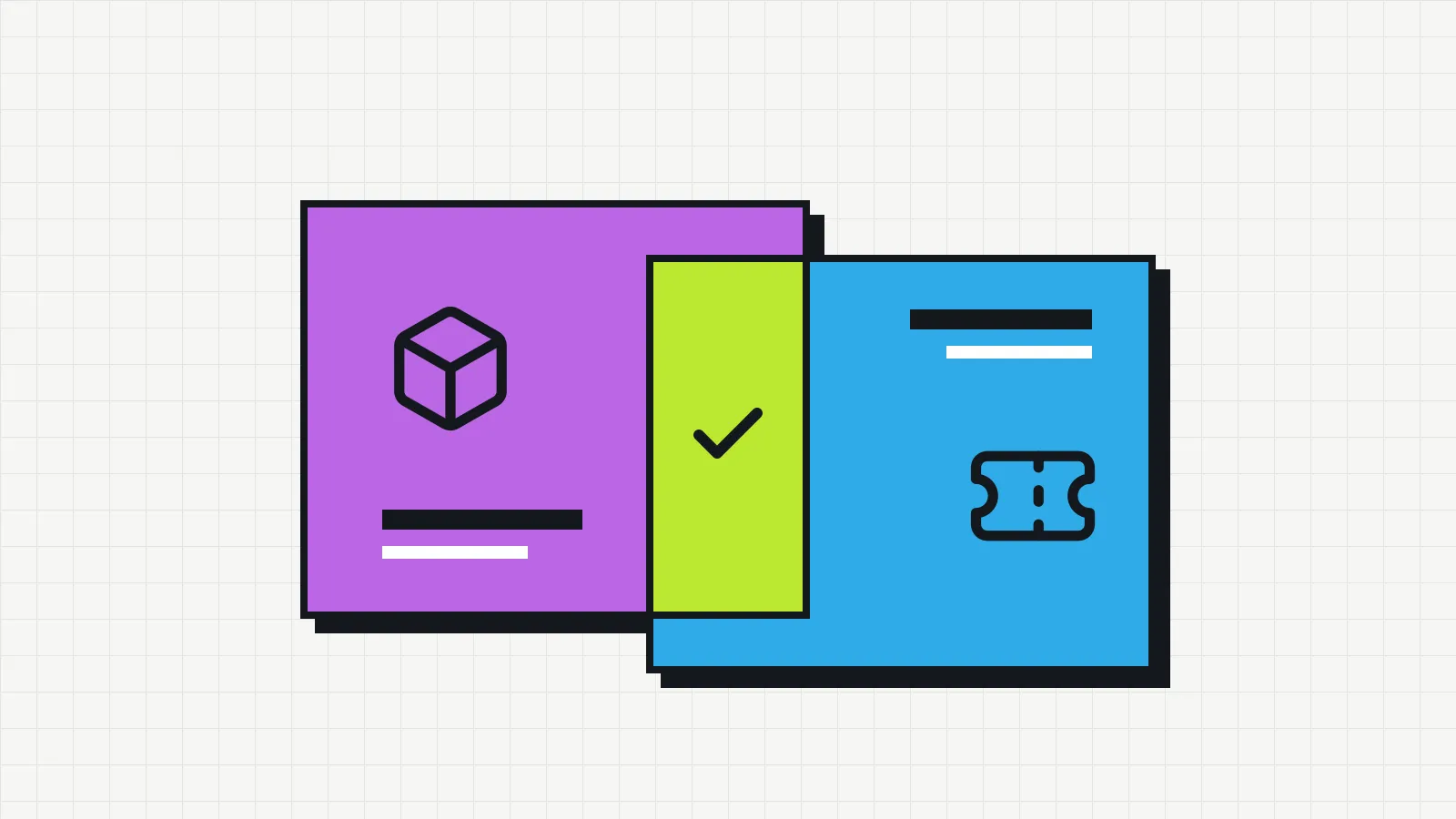 Ilustração de dois blocos sobrepostos, um roxo com o ícone de uma caixa e um azul com o ícone de um tíquete, com a área em comum destacada em verde.