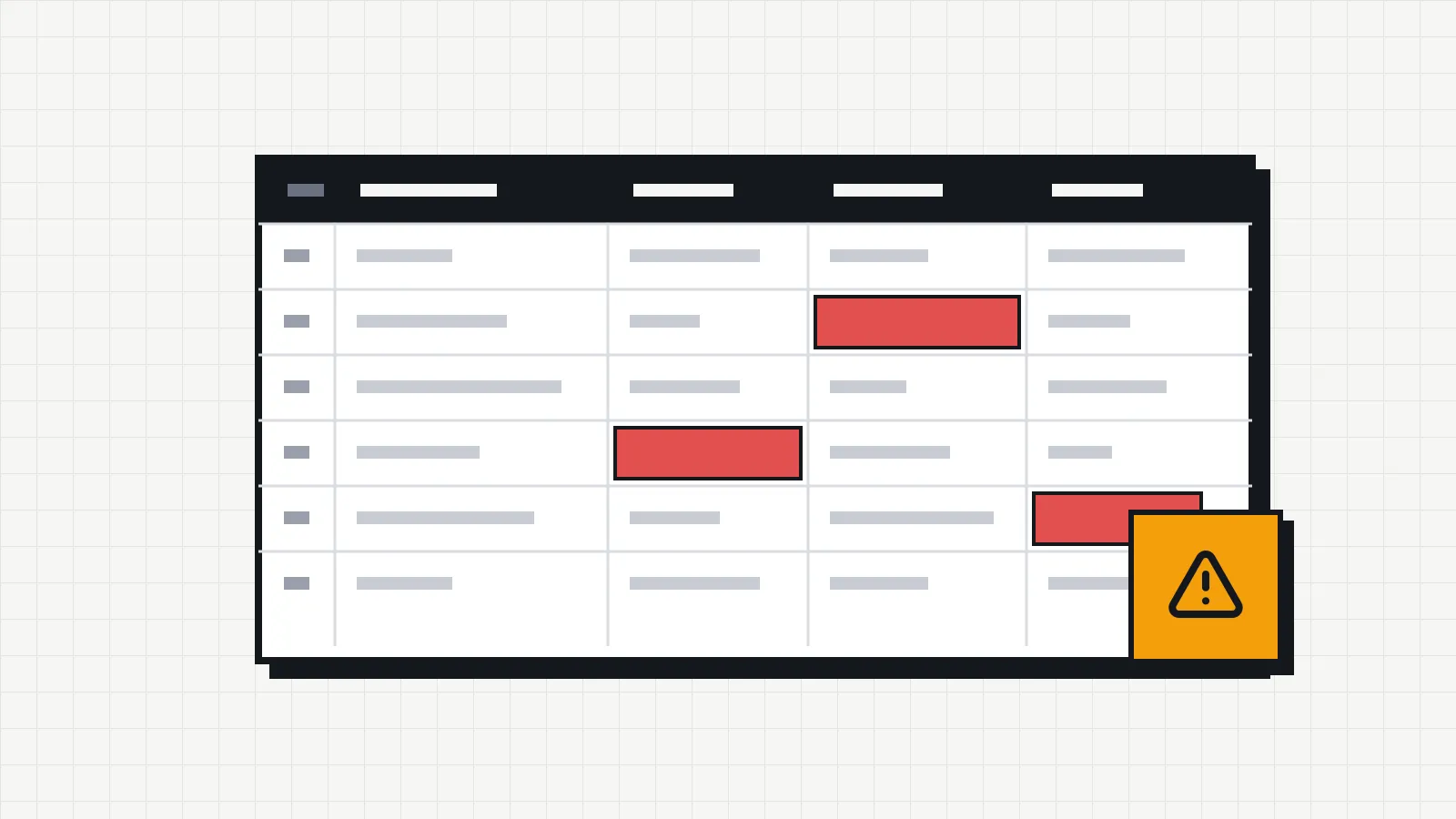 Illustration of a spreadsheet with several rows, three cells highlighted in red to show inconsistent data, and a warning sign beside it.
