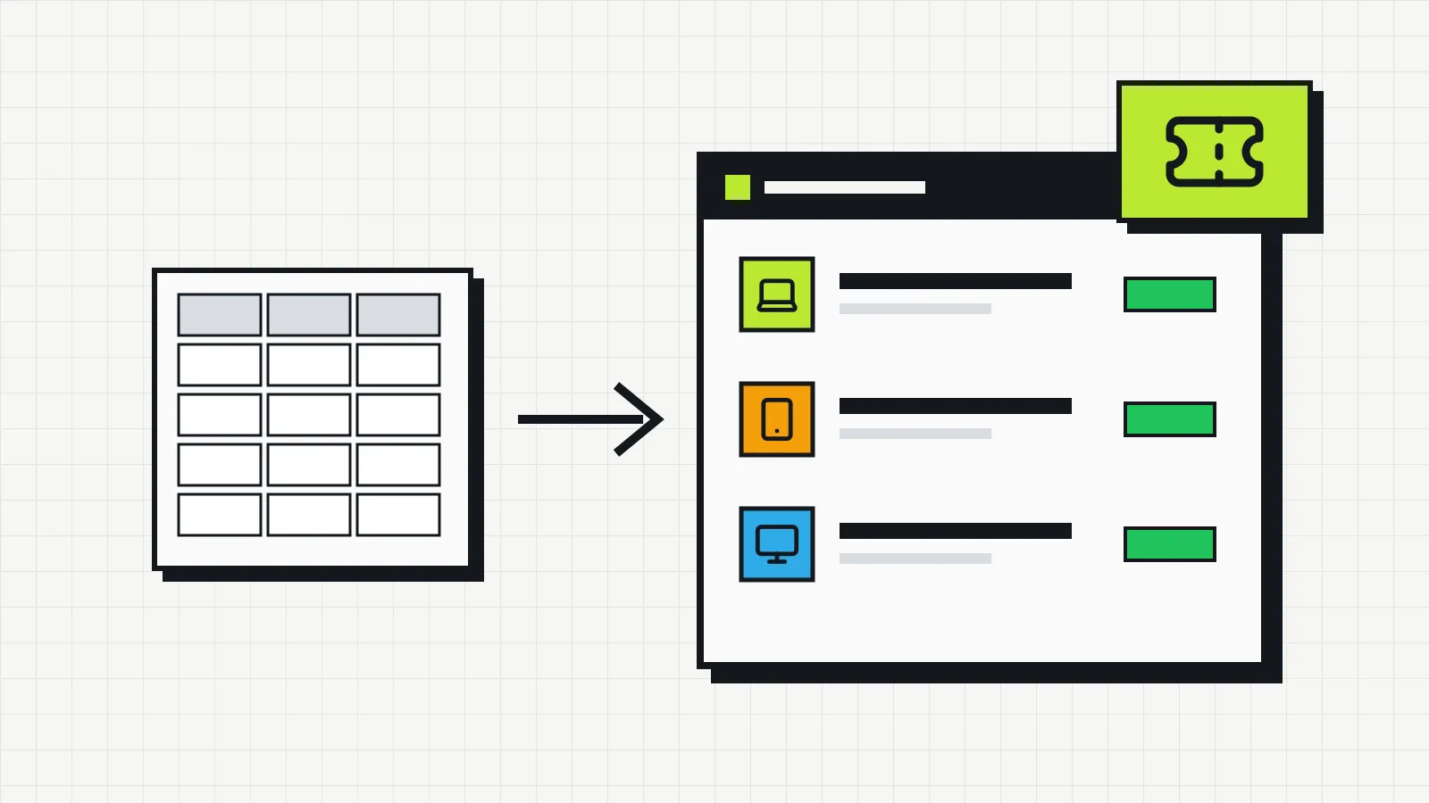 Illustration of a small spreadsheet on the left, an arrow and, on the right, an app screen with a list of devices and a green price tag.