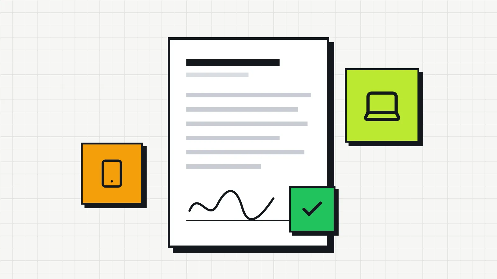 Illustration of a document with lines of text and a signature, next to a laptop and a phone.